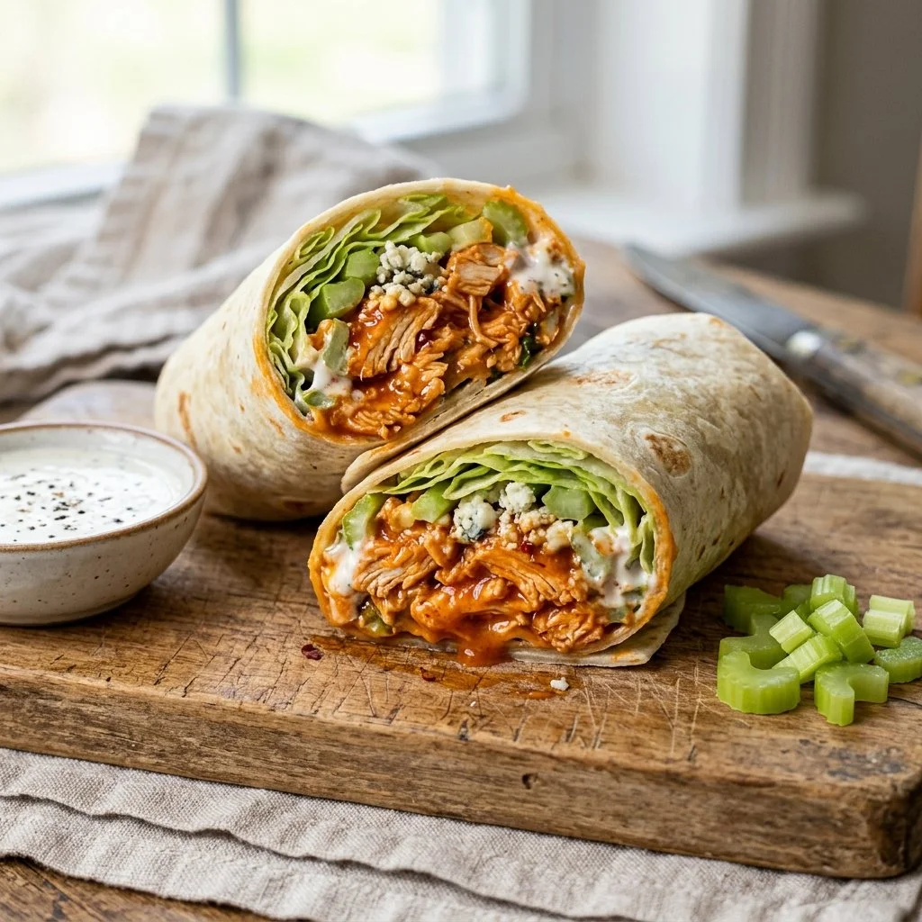 Delicious Buffalo Chicken Wraps filled with fresh ingredients
