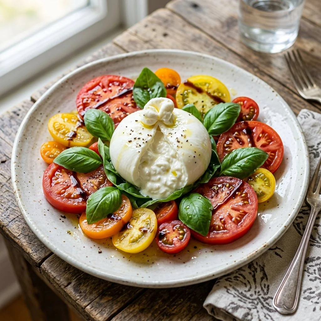 Delicious Burrata Caprese Salad with tomatoes and basil