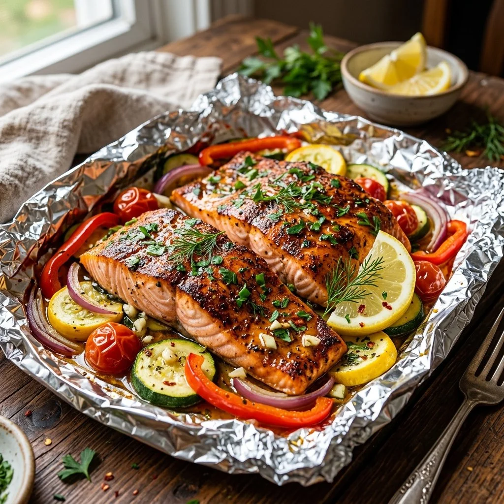 Cajun Salmon Foil Packets ready to cook on the grill with vibrant vegetables