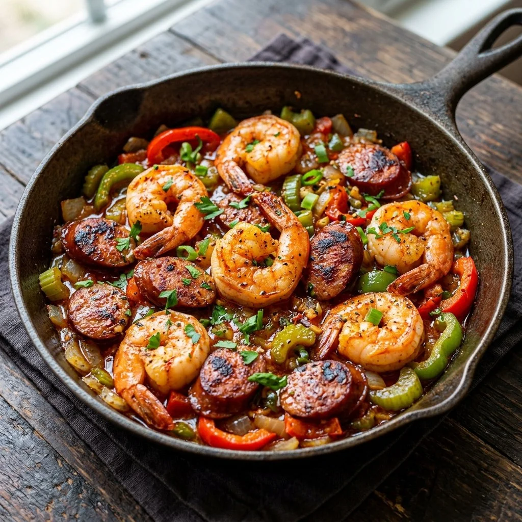 Cajun shrimp and sausage skillet in a cast iron pan garnished with fresh herbs
