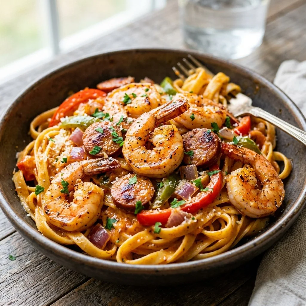 A plate of Cajun Shrimp Pasta garnished with parsley and spices.