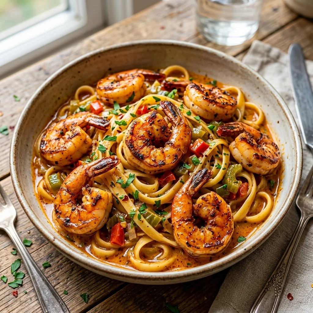 Delicious Cajun Shrimp Pasta topped with herbs and spices in a creamy sauce