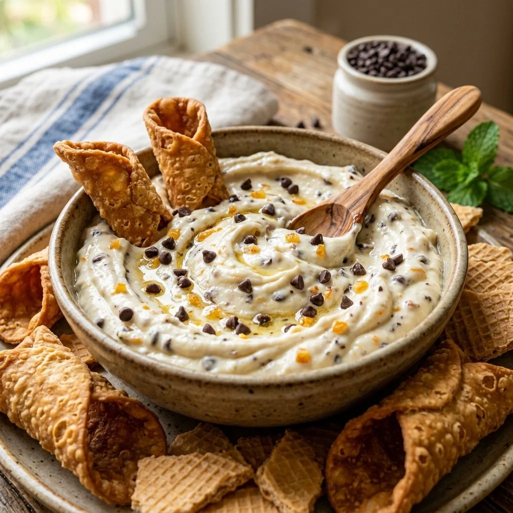 Delicious cannoli dip served in a bowl with toppings and cinnamon dust.