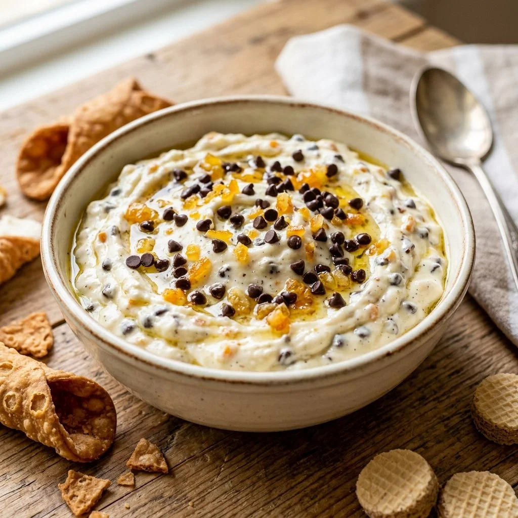 Delicious cannoli dip served with crispy pastry sticks for dipping