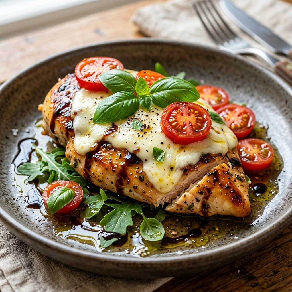 Delicious Caprese Chicken with tomatoes, mozzarella, and fresh basil.