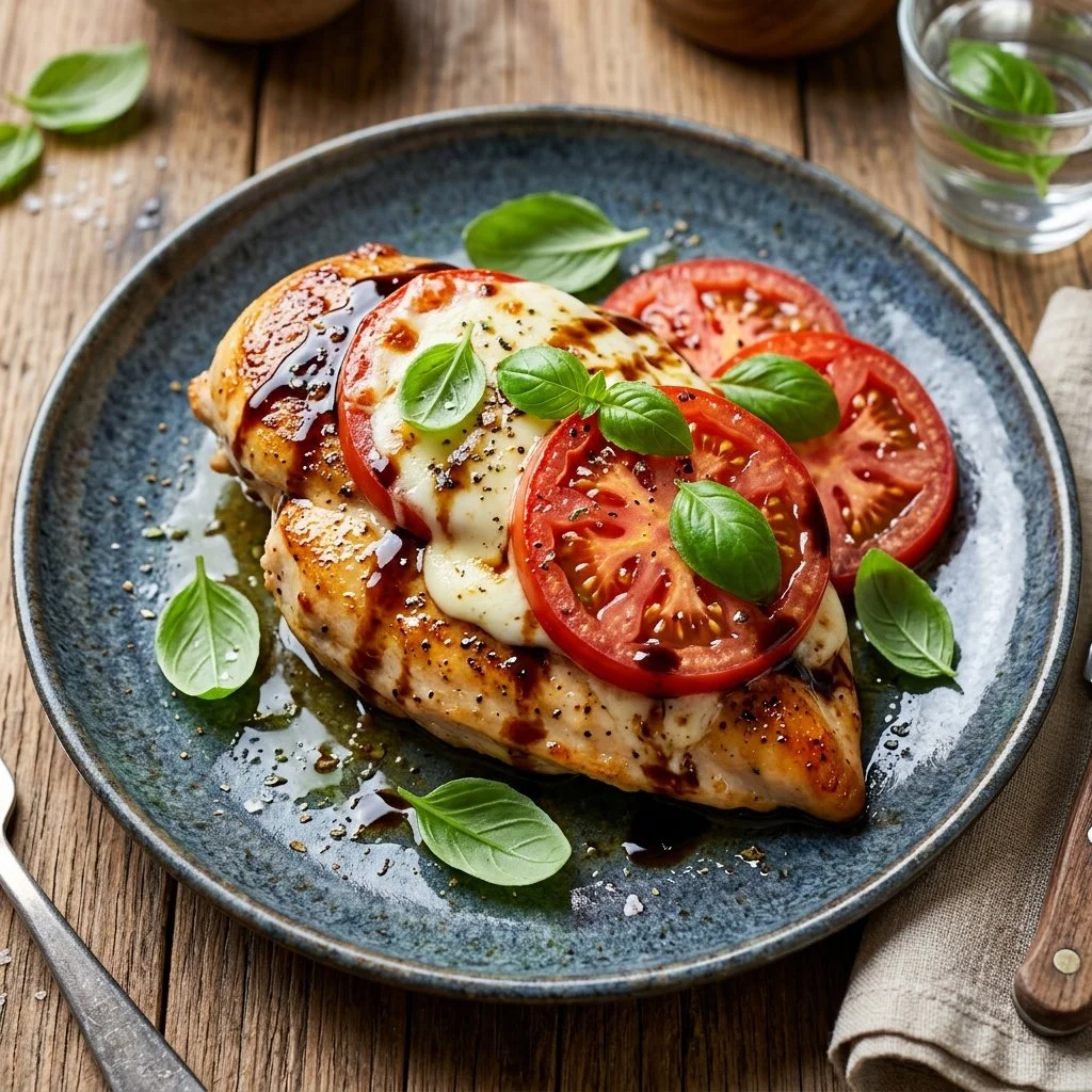 A delicious plate of Caprese Chicken with mozzarella, tomatoes, and basil