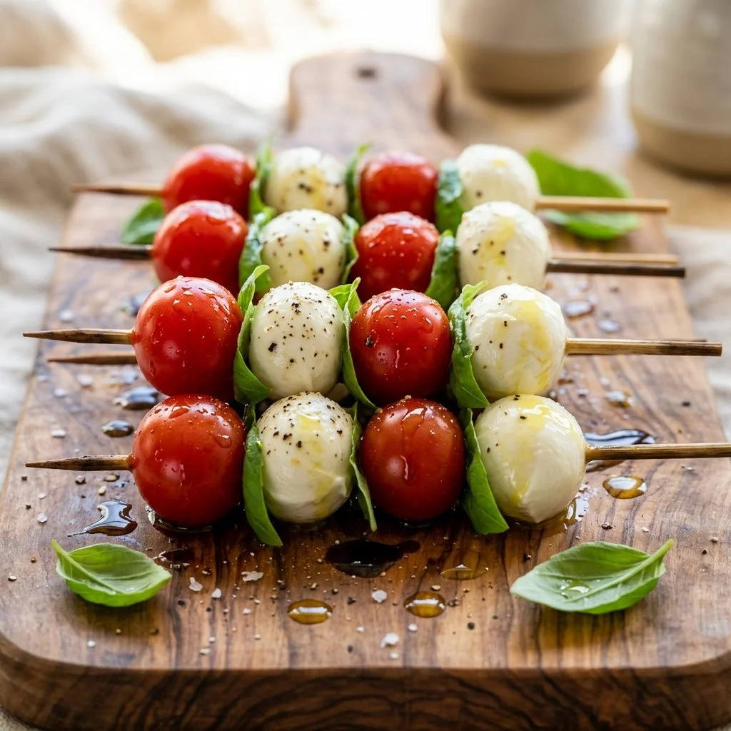 Delicious Caprese skewers with fresh mozzarella, tomatoes, and basil