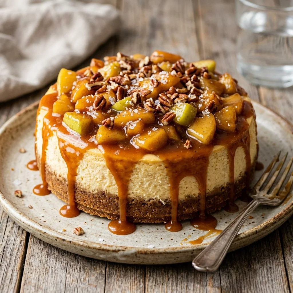 Delicious caramel apple cheesecake topped with caramel drizzle and apple slices