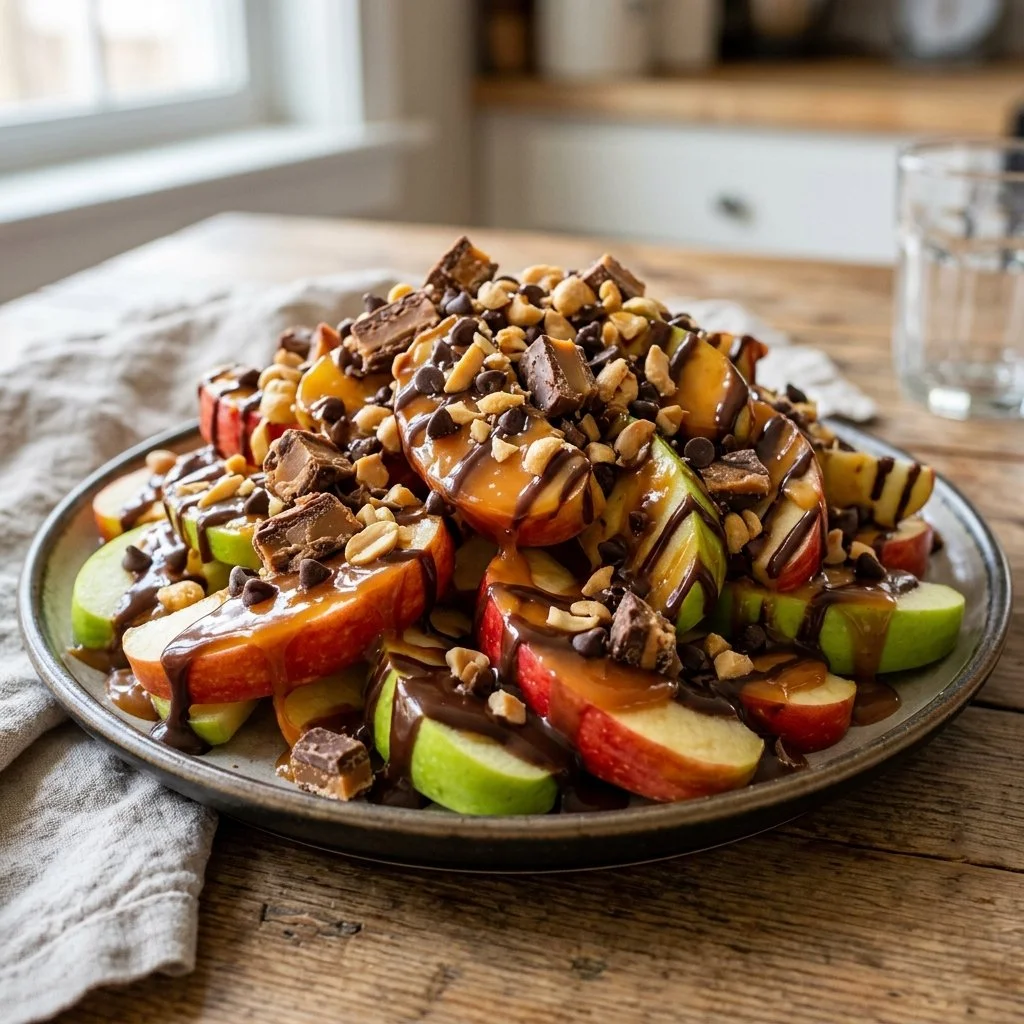 Delicious Caramel Apple Nachos topped with drizzle and sprinkles.