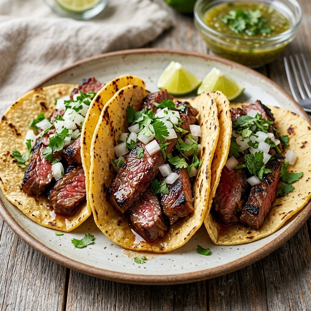Delicious Carne Asada Tacos with fresh toppings and garnishes