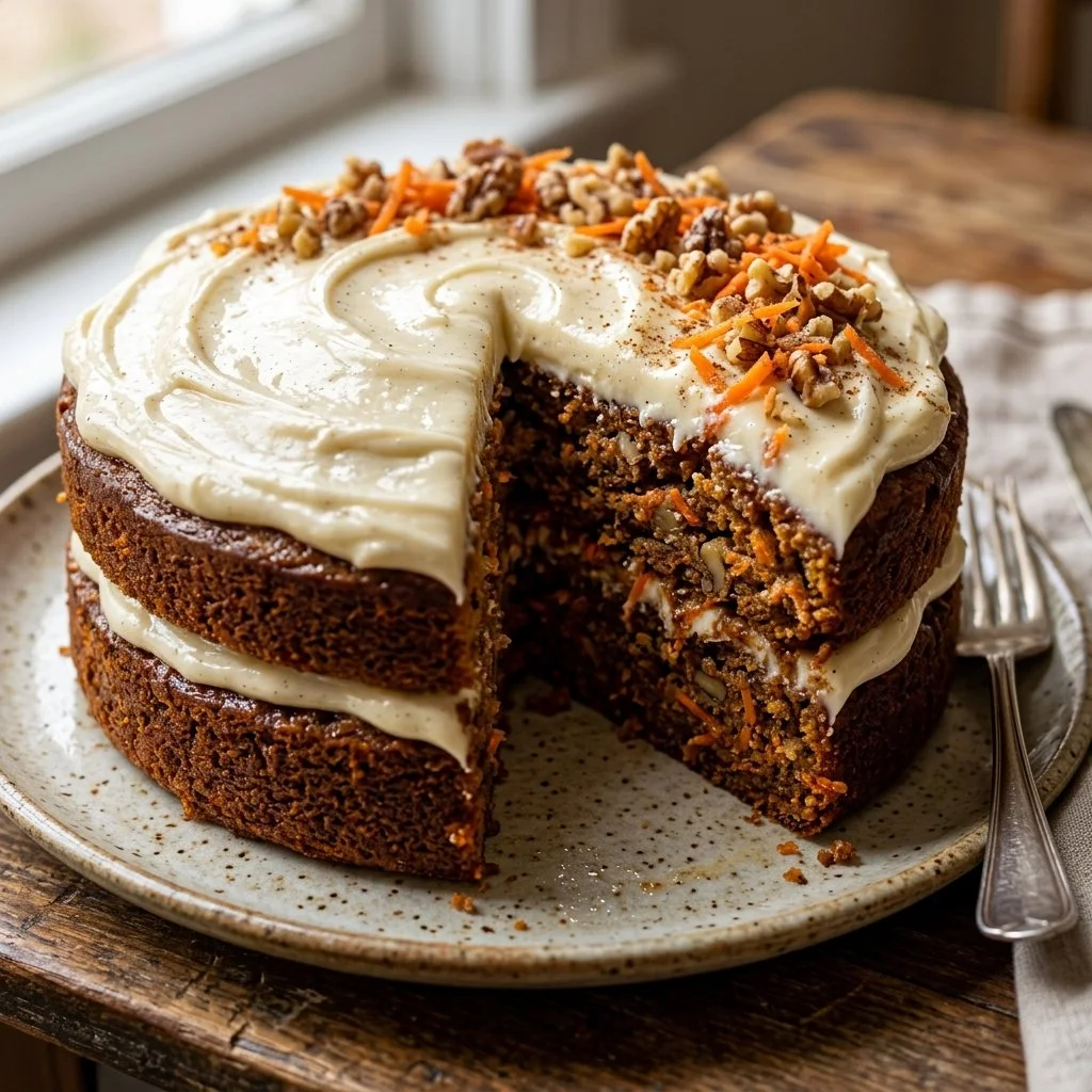 Delicious homemade carrot cake topped with cream cheese frosting.