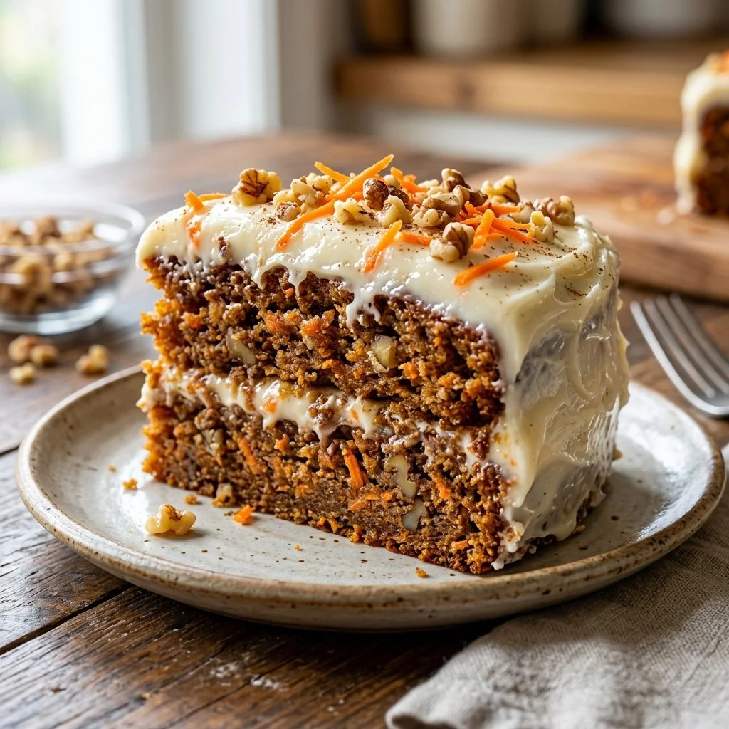 Delicious homemade carrot cake with cream cheese frosting