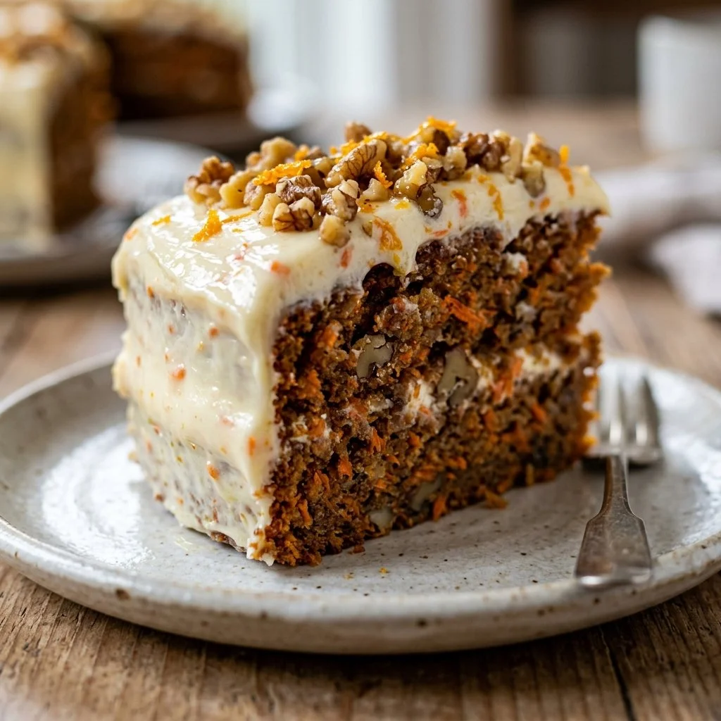 Delicious homemade carrot cake with cream cheese frosting and sprinkles.