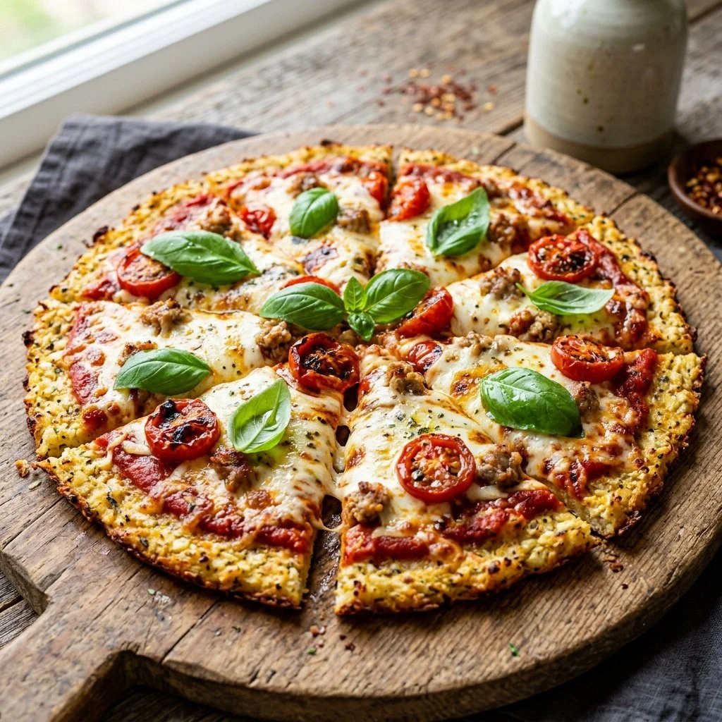 Delicious homemade cauliflower crust pizza topped with fresh vegetables and cheese.