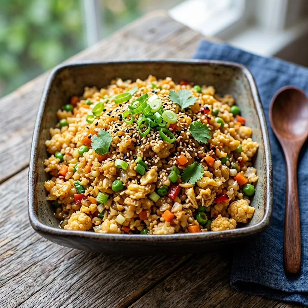 Bowl of Cauliflower Fried Rice with veggies and toppings