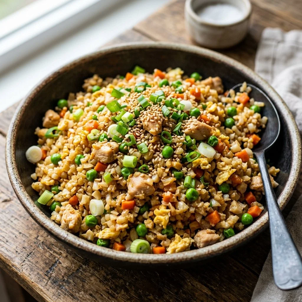 Bowl of cauliflower fried rice with vegetables and herbs