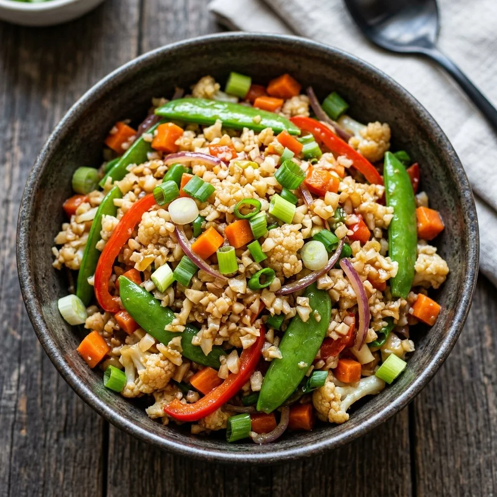Cauliflower rice stir fry with colorful vegetables in a pan