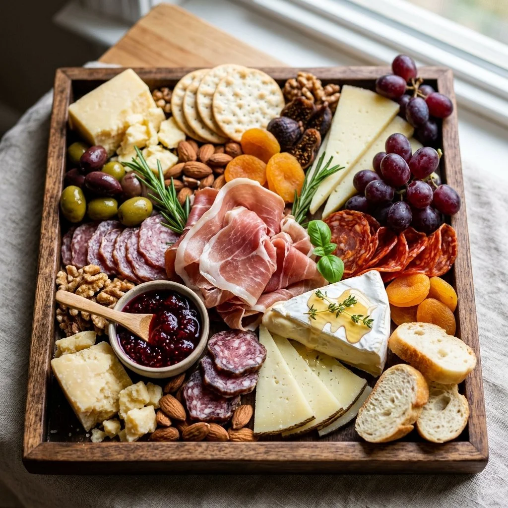 A beautifully arranged charcuterie board with cheeses, meats, and fruits.