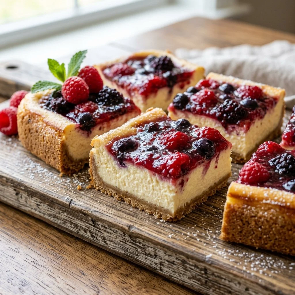 Delicious homemade cheesecake bars served with a berry topping