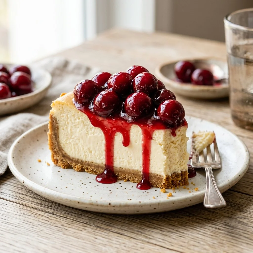 Delicious cherry cheesecake topped with fresh cherries and whipped cream