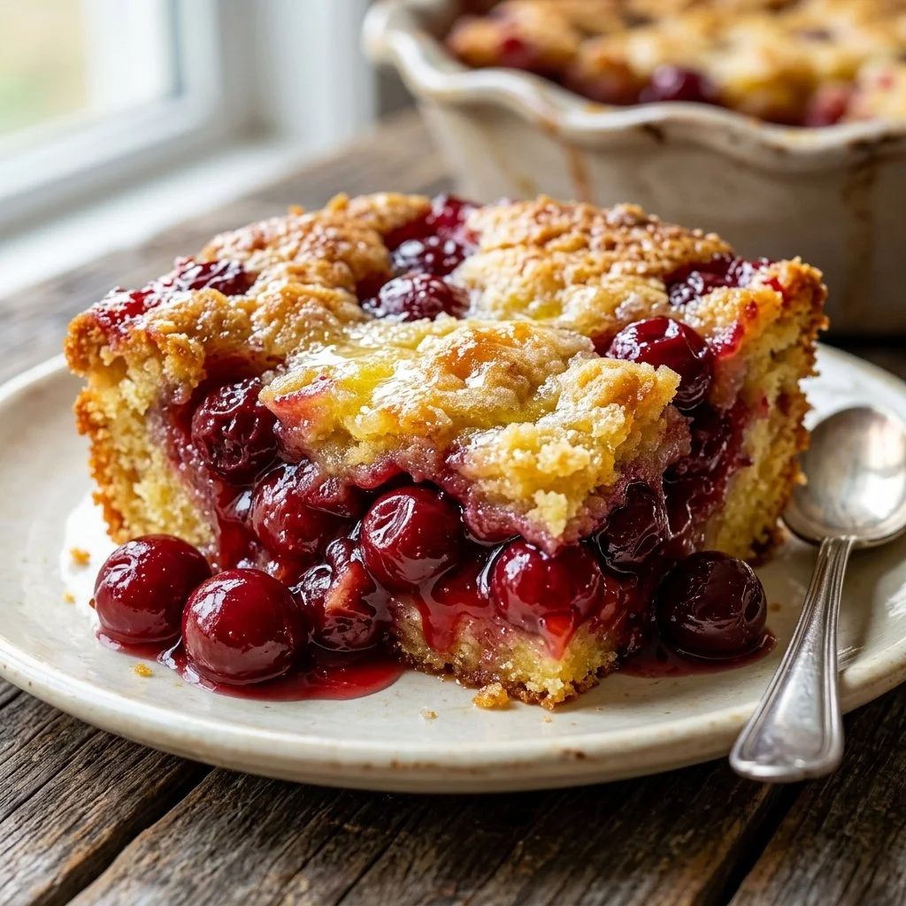 Delicious cherry dump cake topped with whipped cream and cherries