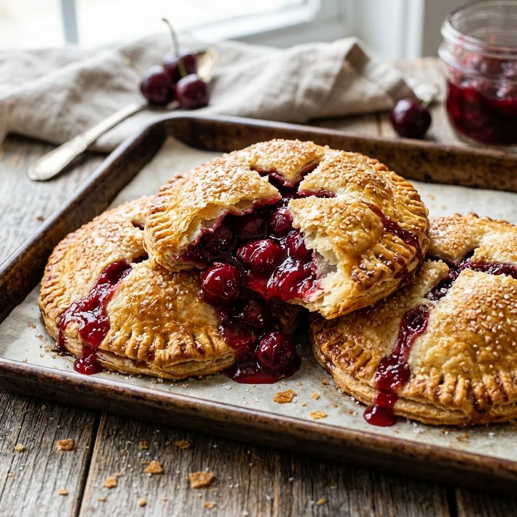 Freshly baked cherry hand pies with a flaky crust and vibrant filling