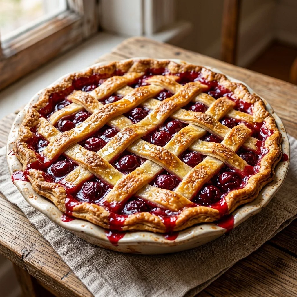 Homemade cherry pie with a flaky crust and bright red cherries
