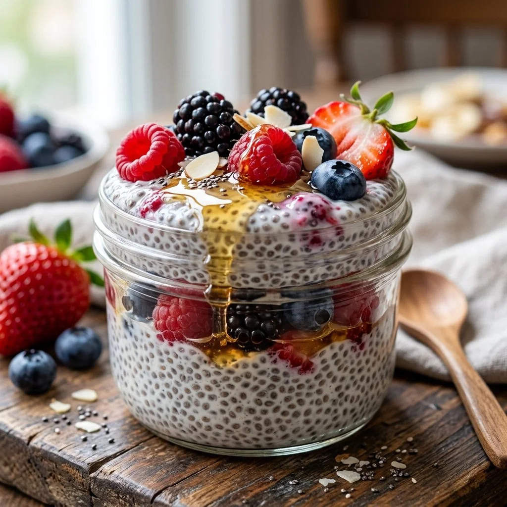 A bowl of creamy chia seed pudding topped with fruits and nuts, healthy dessert.