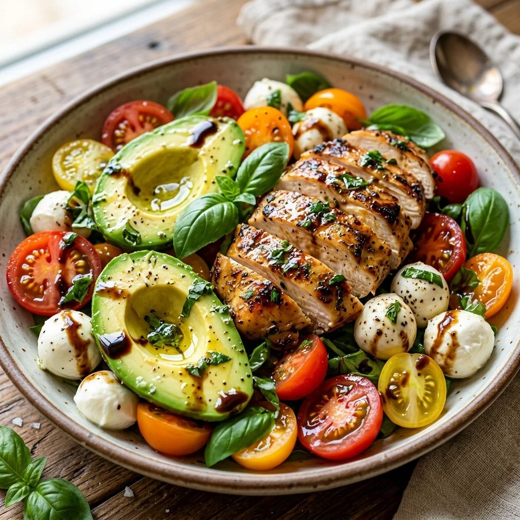 Delicious Chicken Avocado Caprese Salad with grilled chicken, avocado, and fresh mozzarella.