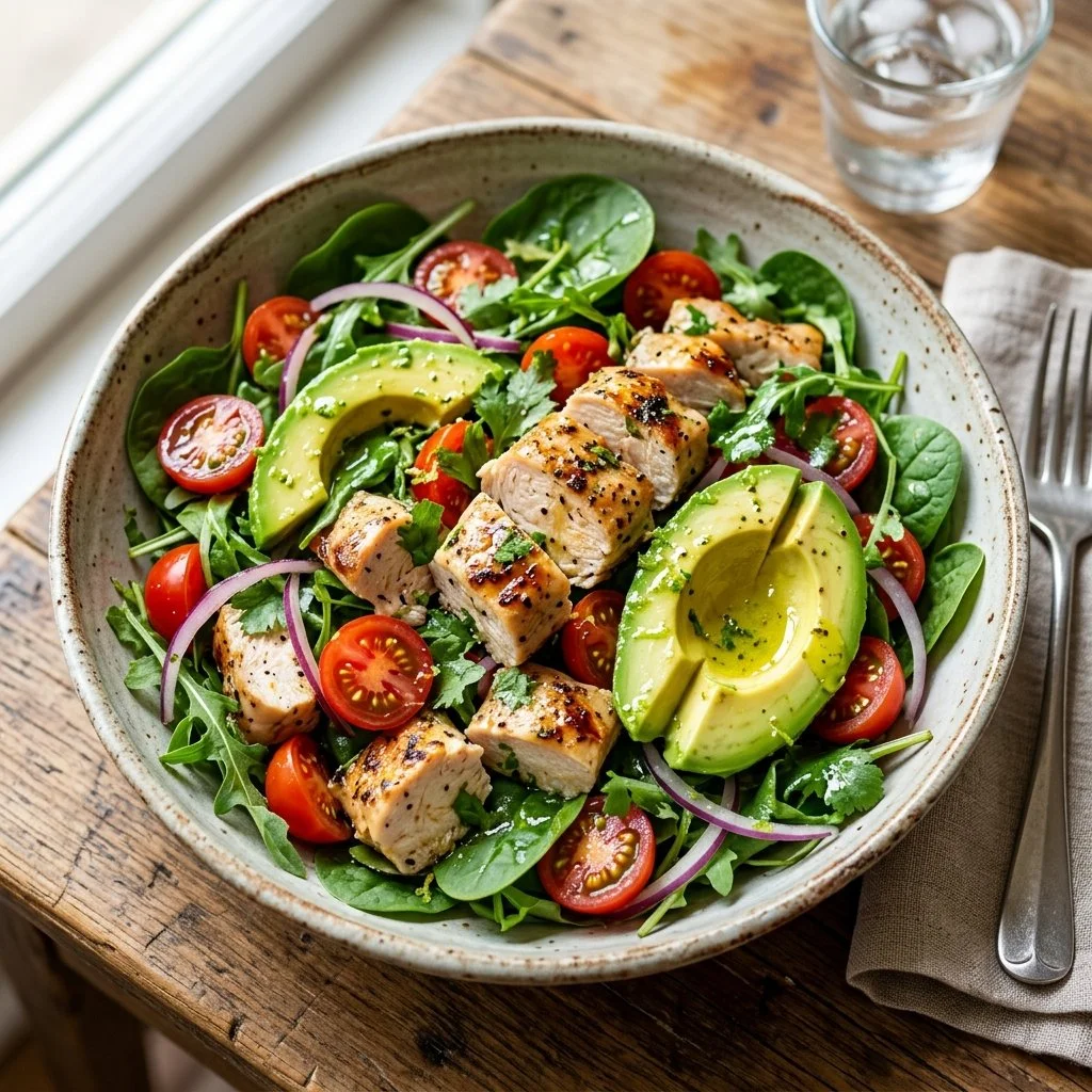 Healthy Chicken Avocado Salad with fresh ingredients and vibrant colors
