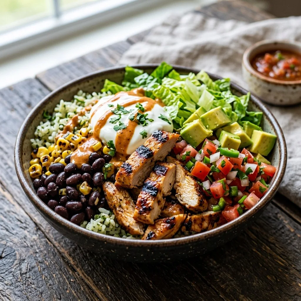 Delicious chicken burrito bowl topped with fresh ingredients