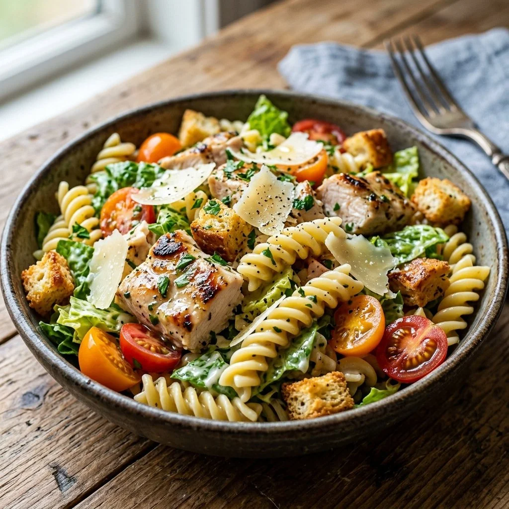 Bowl of Chicken Caesar Pasta Salad with fresh ingredients and dressing