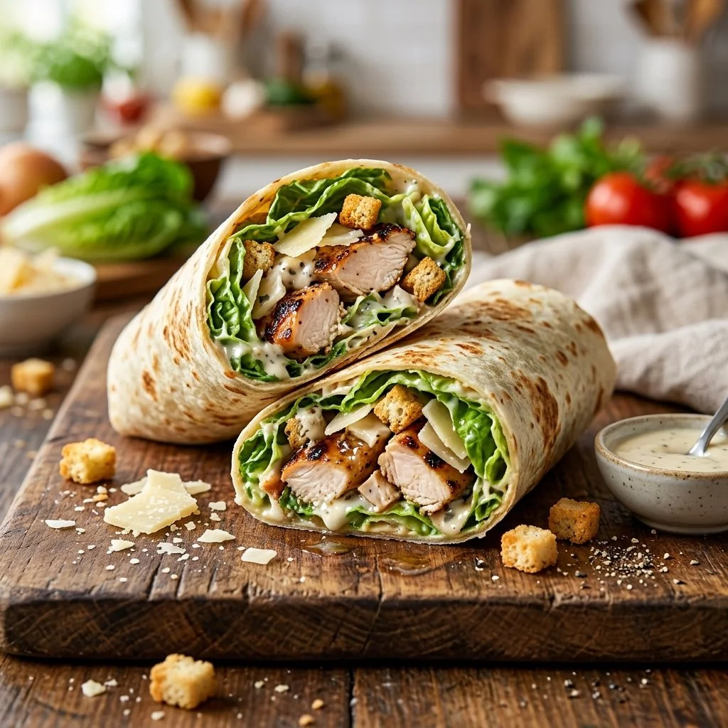 Delicious Chicken Caesar Salad Wrap with chicken, romaine lettuce, and Caesar dressing