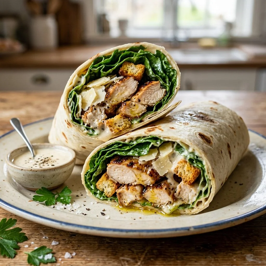 Delicious Chicken Caesar wraps filled with chicken, romaine, and Caesar dressing.