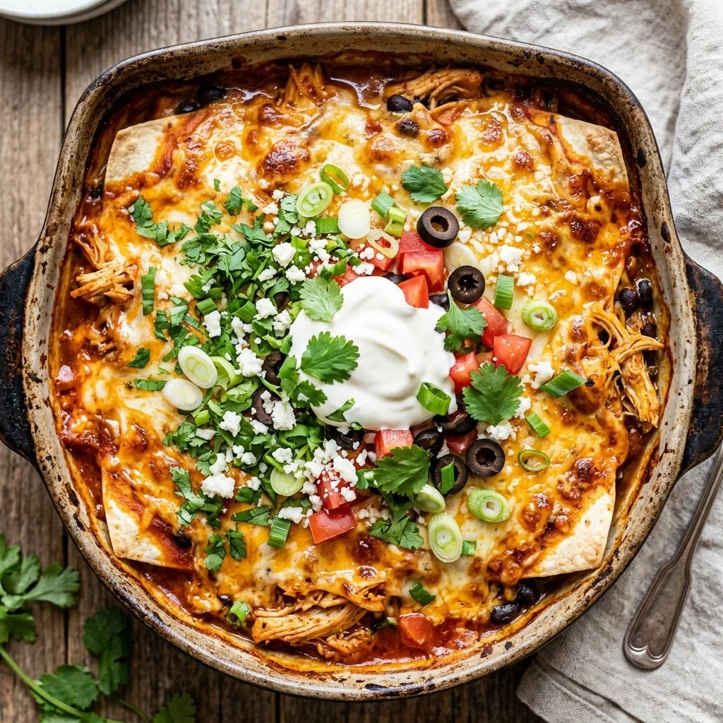 Delicious Chicken Enchilada Bake with melted cheese and toppings