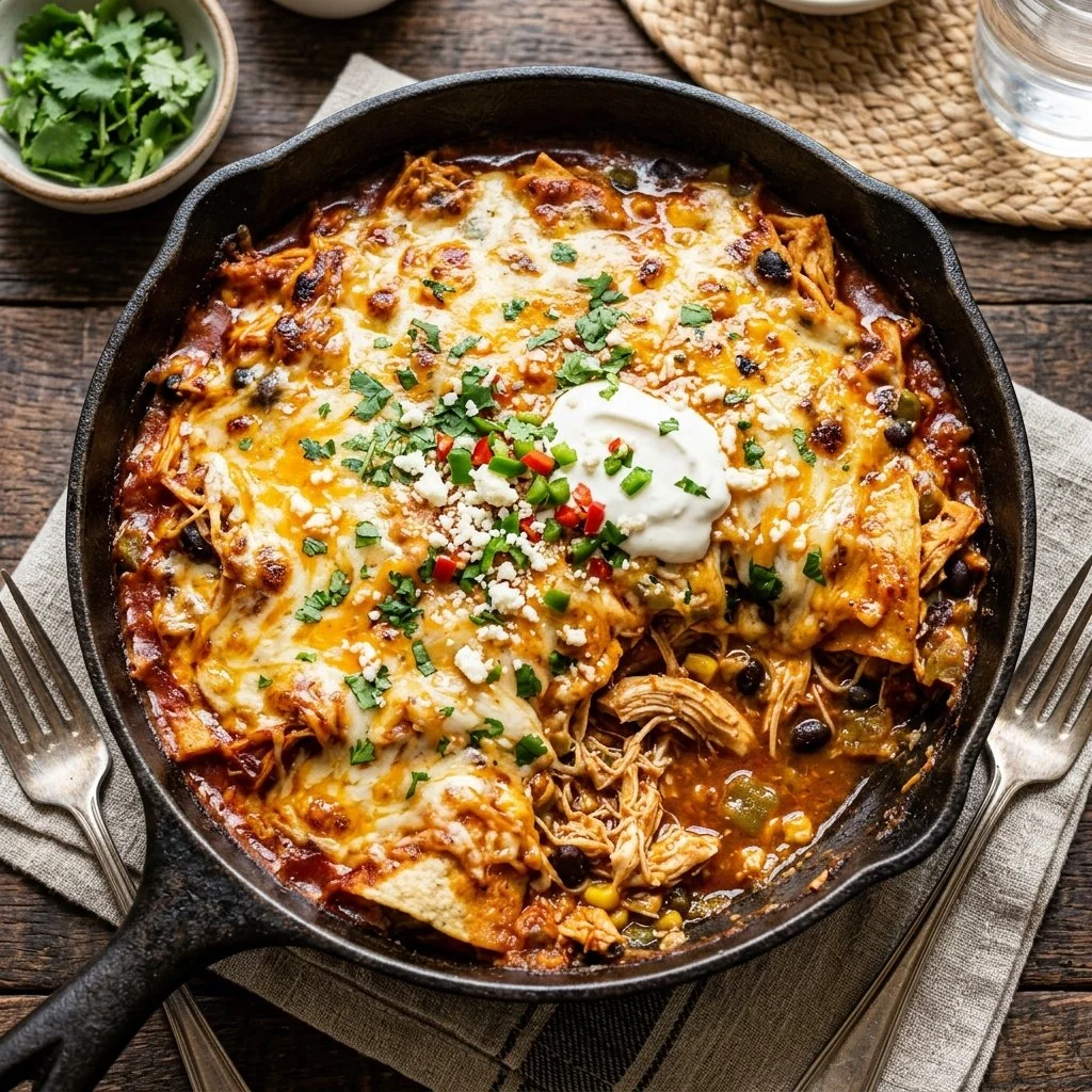 Delicious Chicken Enchilada Skillet garnished with fresh ingredients