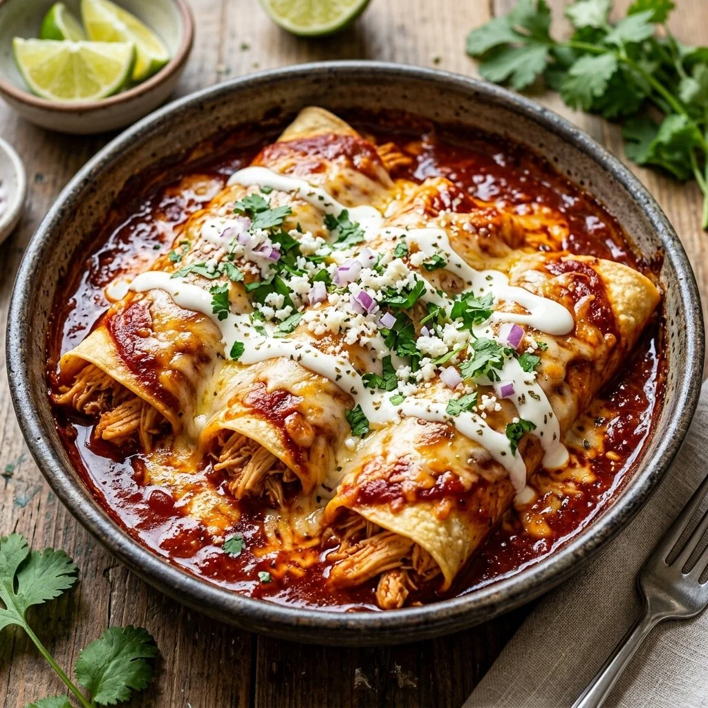 Delicious homemade Chicken Enchiladas topped with cheese and fresh ingredients.