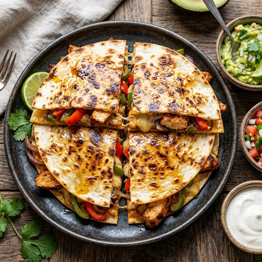 Delicious homemade chicken fajita quesadillas served with salsa