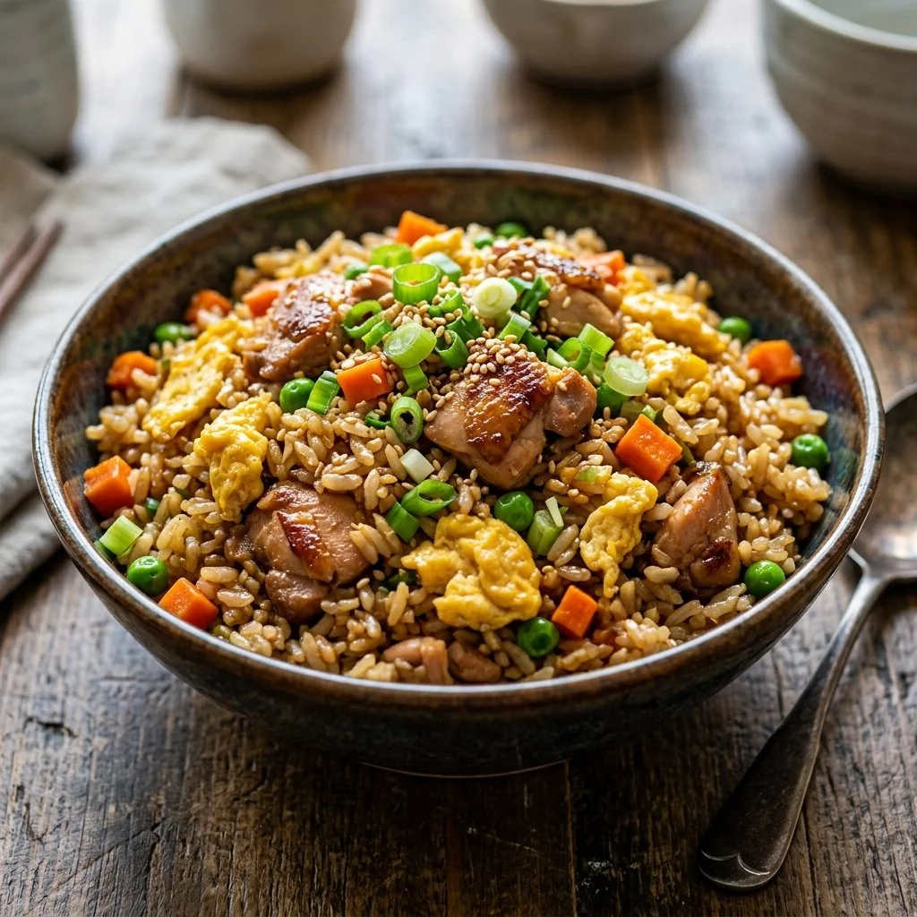 Delicious Chicken Fried Rice served in a bowl with vegetables and chicken pieces.