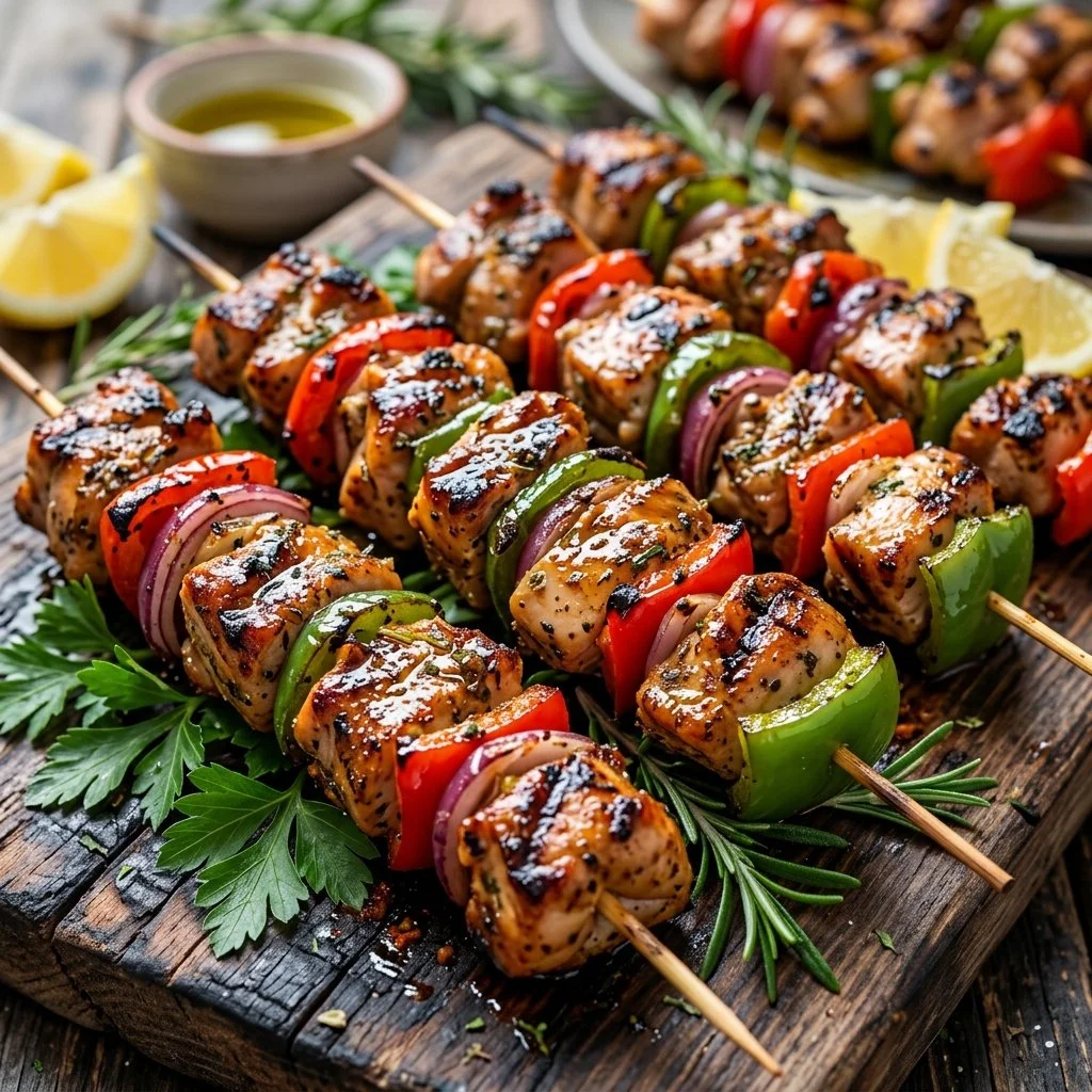 Grilled chicken kabobs with colorful vegetables, perfect for summer cooking.
