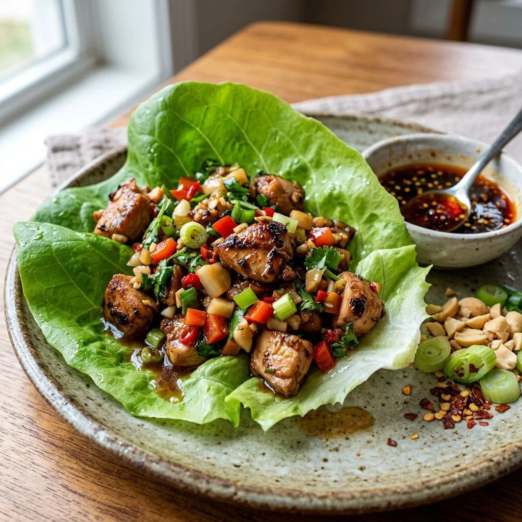 Healthy and flavorful Chicken Lettuce Wraps served with dipping sauce