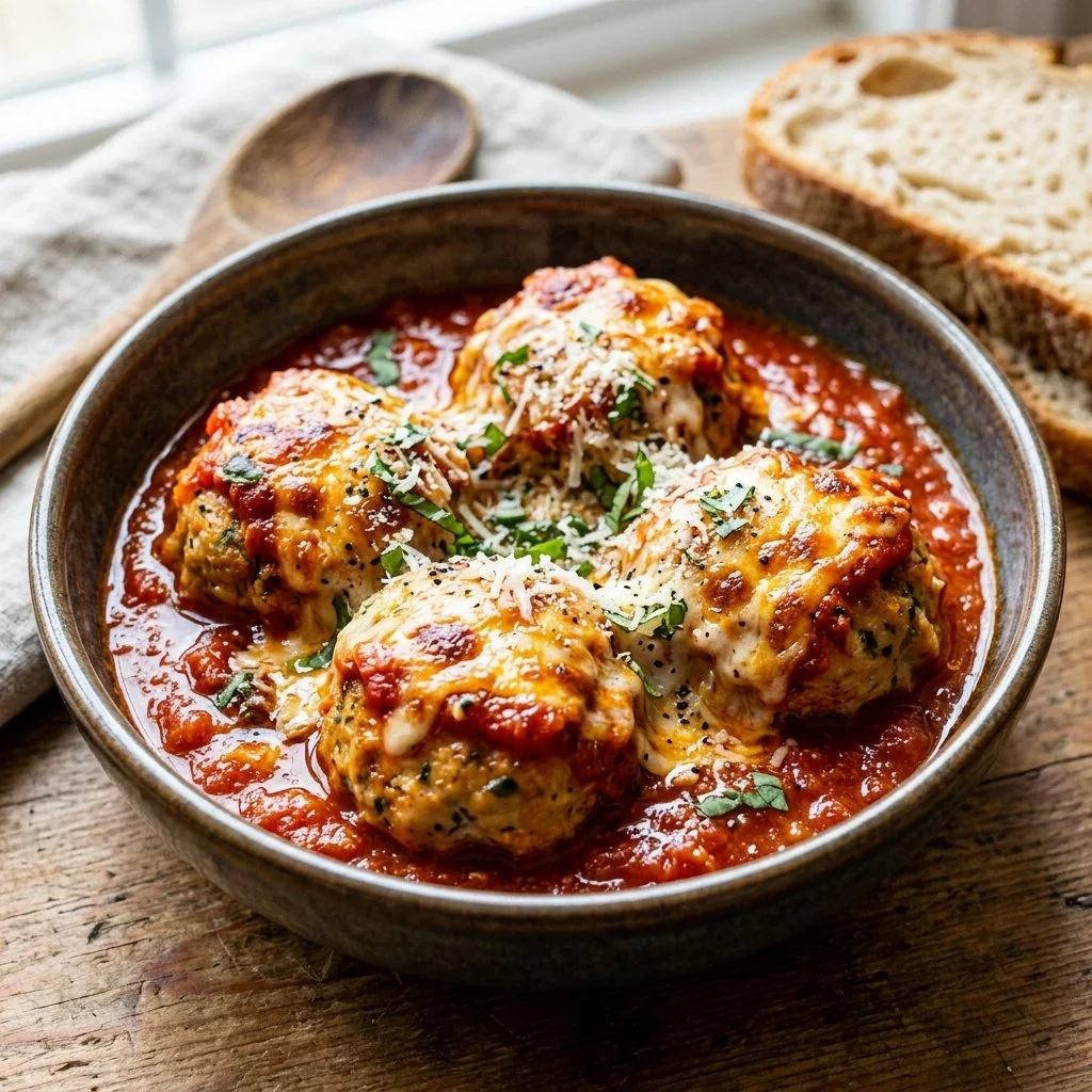 Delicious Chicken Parm Meatballs served with marinara sauce and cheese