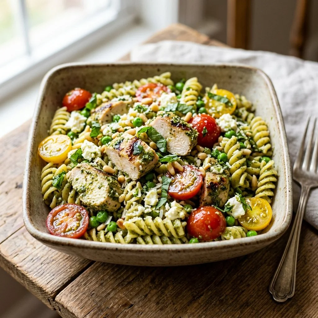 Chicken pesto pasta salad with fresh vegetables and pesto sauce