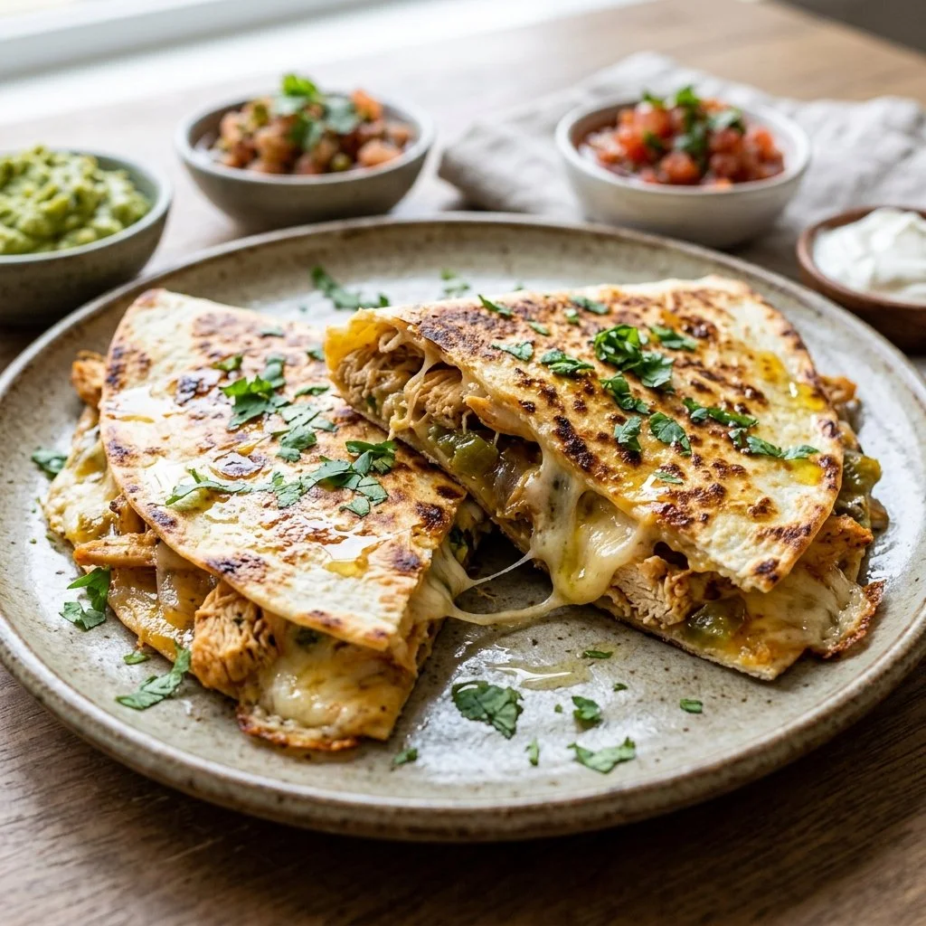 Delicious chicken quesadillas with melted cheese and grilled chicken on a plate