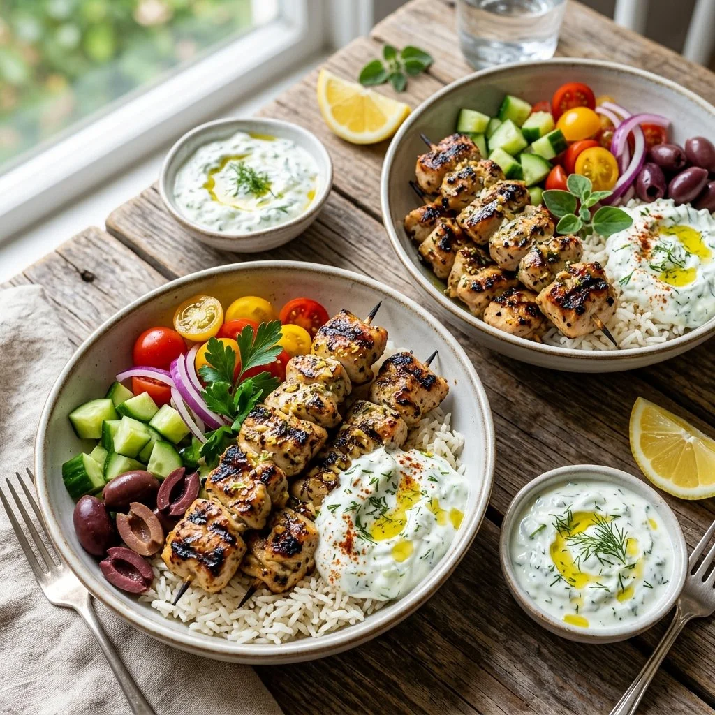 Chicken Souvlaki Bowl with grilled chicken, fresh vegetables, and sauce