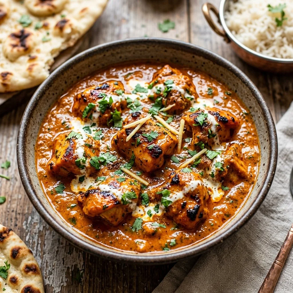 Delicious bowl of Chicken Tikka Masala served with rice and naan bread.