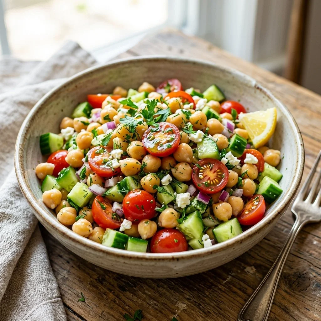 Fresh chickpea salad with colorful vegetables and herbs in a bowl.