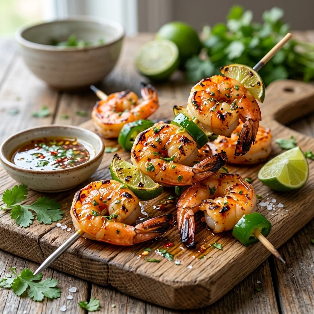 Delicious Chili Lime Shrimp Skewers ready for grilling