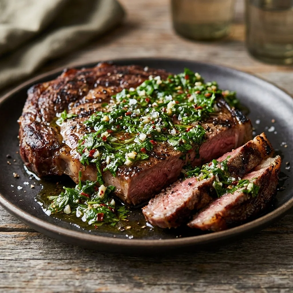 Delicious chimichurri steak garnished with fresh herbs and spices.