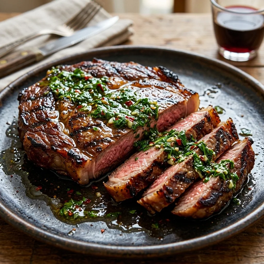 Grilled chimichurri steak garnished with fresh herbs
